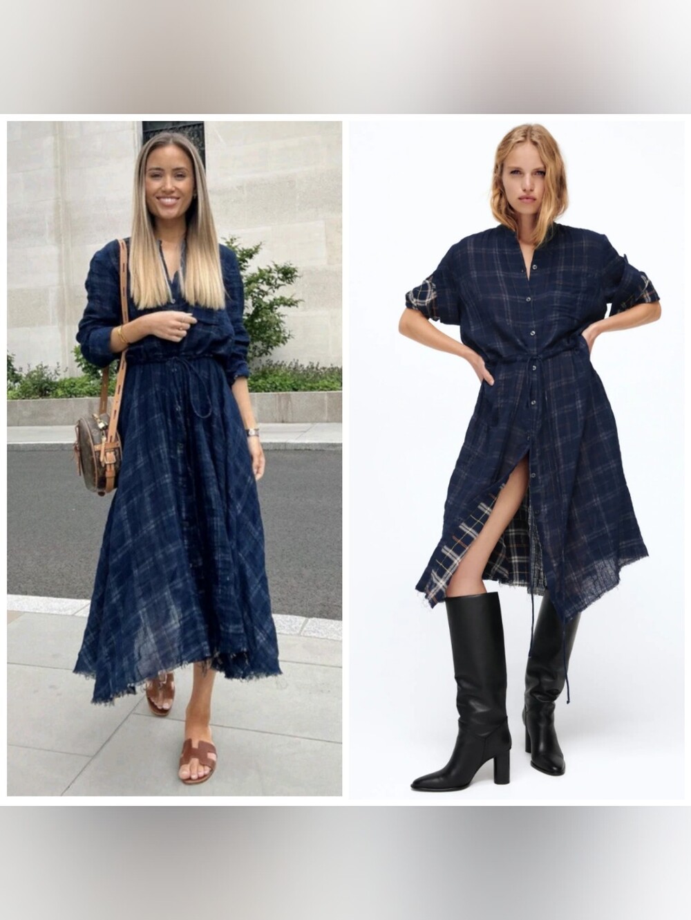 Zara Oversized Tartan Plaid Button Down Maxi Dress, Navy XS Long Sleeve Casual